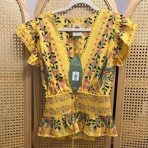 Farm Rio Yellow Floral V-Neck Smocked Peplum Top